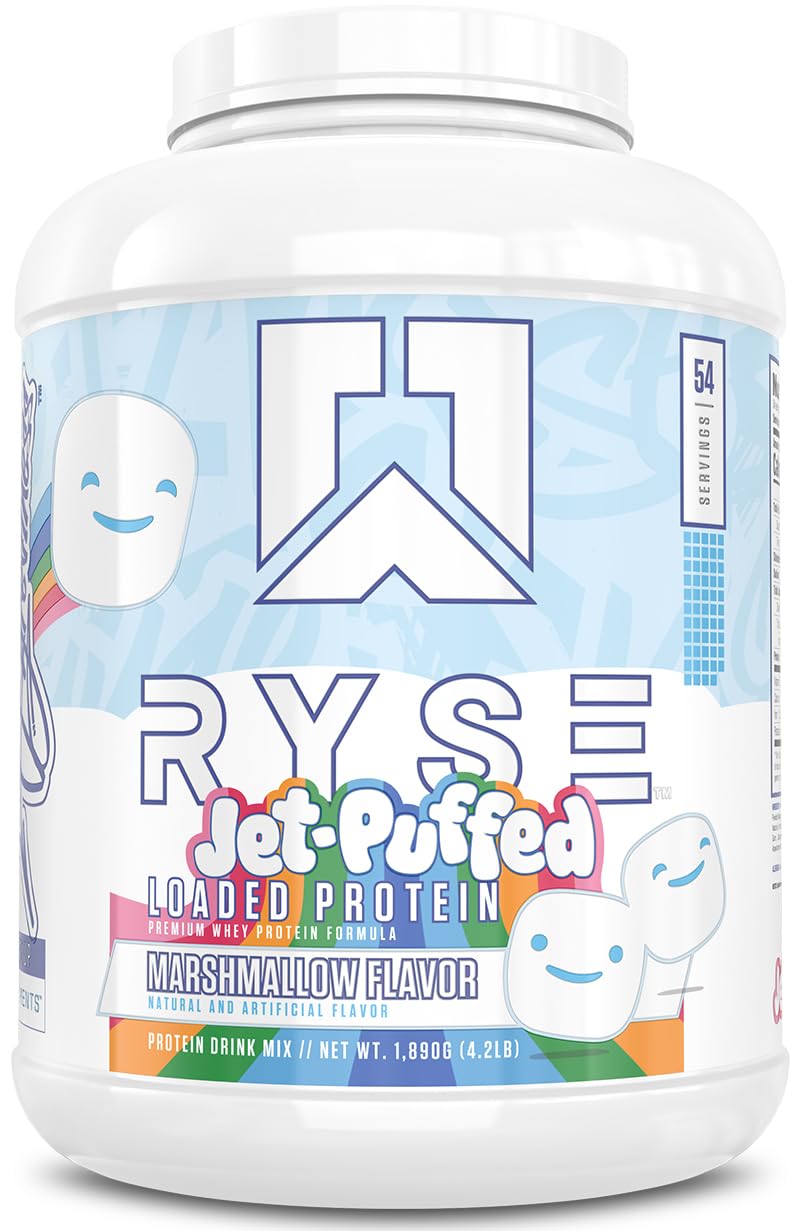 RYSE Up Supplements envase frontal de Marshmallow, presentación clara y atractiva