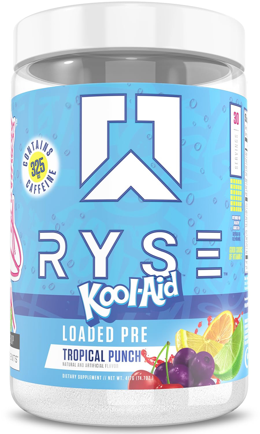 RYSE Up envase frontal Kool-Aid Tropical Punch mostrando diseño y beneficios