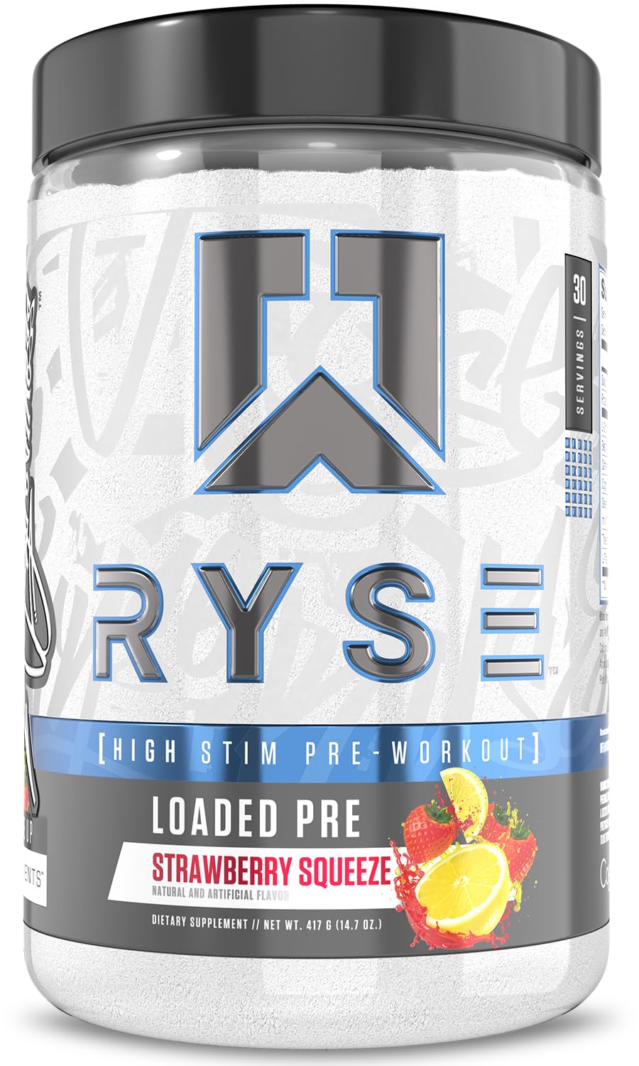 RYSE Up Supplements frasco frontal mostrando diseño y cantidad