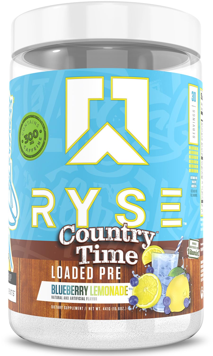 RYSE Up Supplements frente del envase con diseño llamativo y información clara