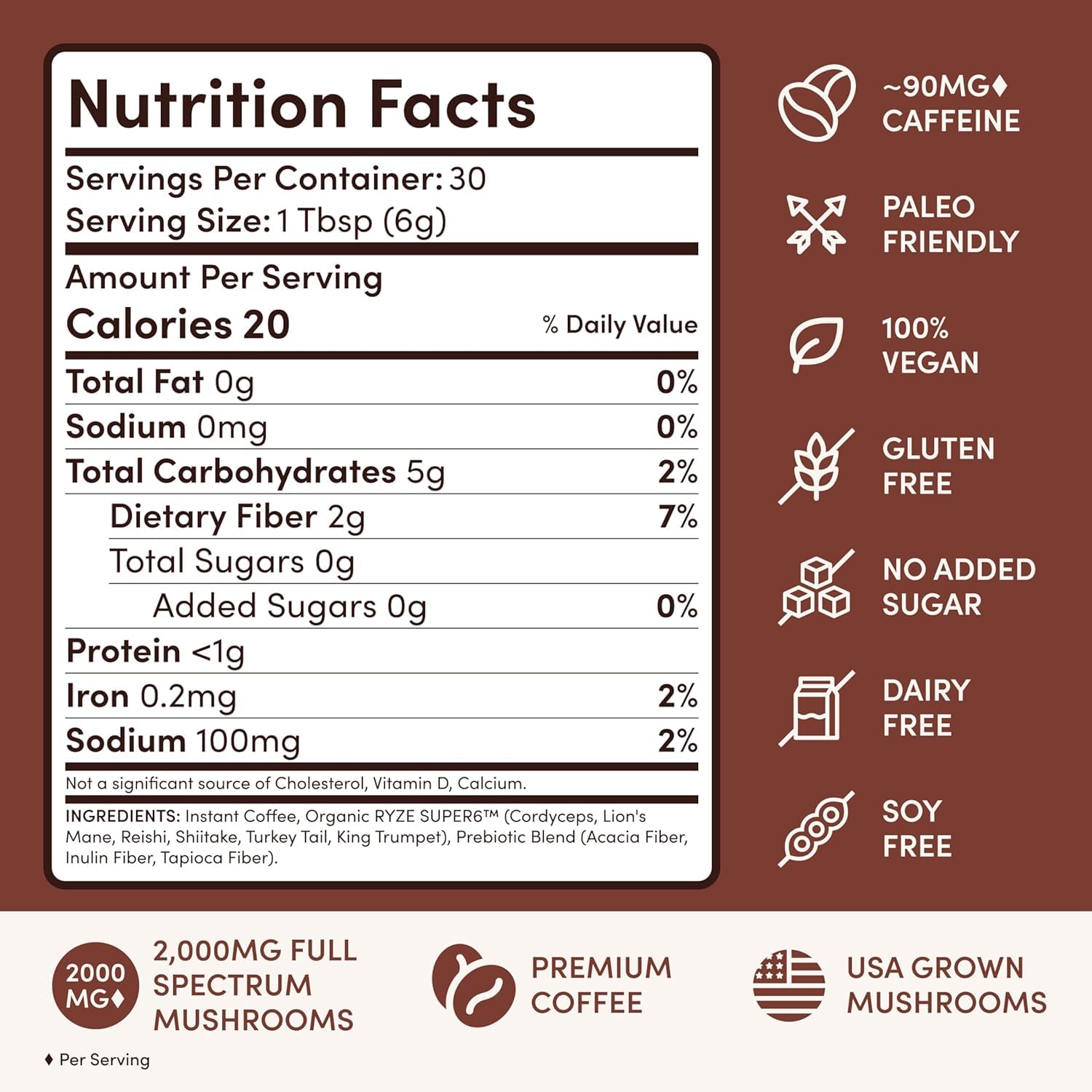 RYZE SUPERFOODS mezcla de hongos adaptógenos en detalle, origen natural