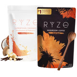 RYZE SUPERFOODS empaque frontal mostrando el bundle y beneficios visuales