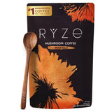 RYZE SUPERFOODS polvo de café y creamer cerca, textura cremosa visible