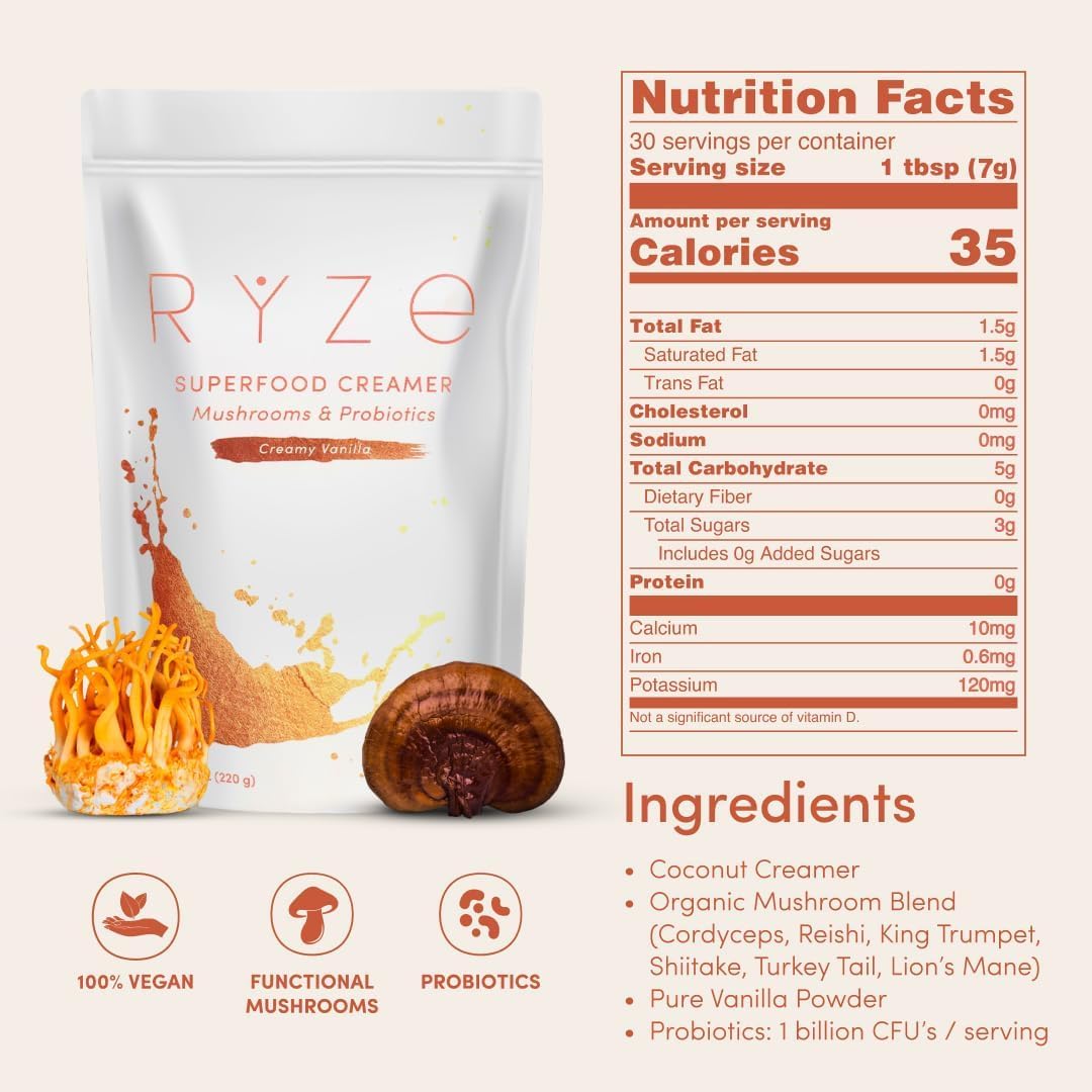 RYZE SUPERFOODS etiqueta nutricional enfocada en probióticos y dosis