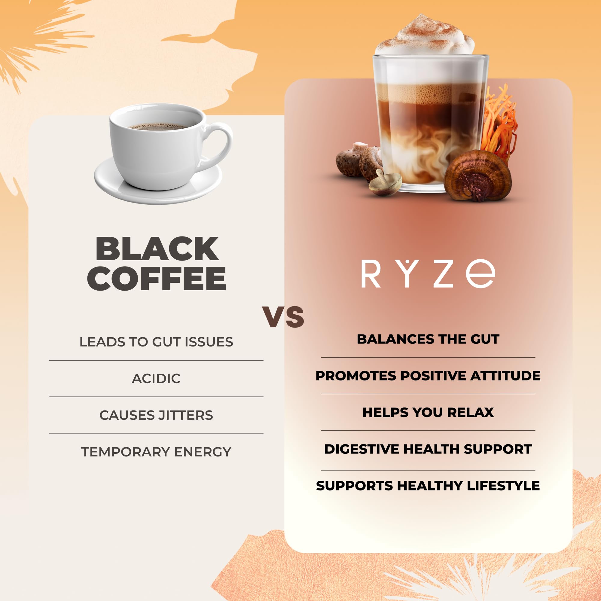 RYZE SUPERFOODS ingredientes de hongos adaptógenos en mesa