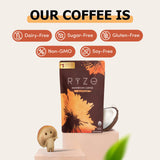 RYZE SUPERFOODS taza en mano demostrando consumo fácil y energía sostenida