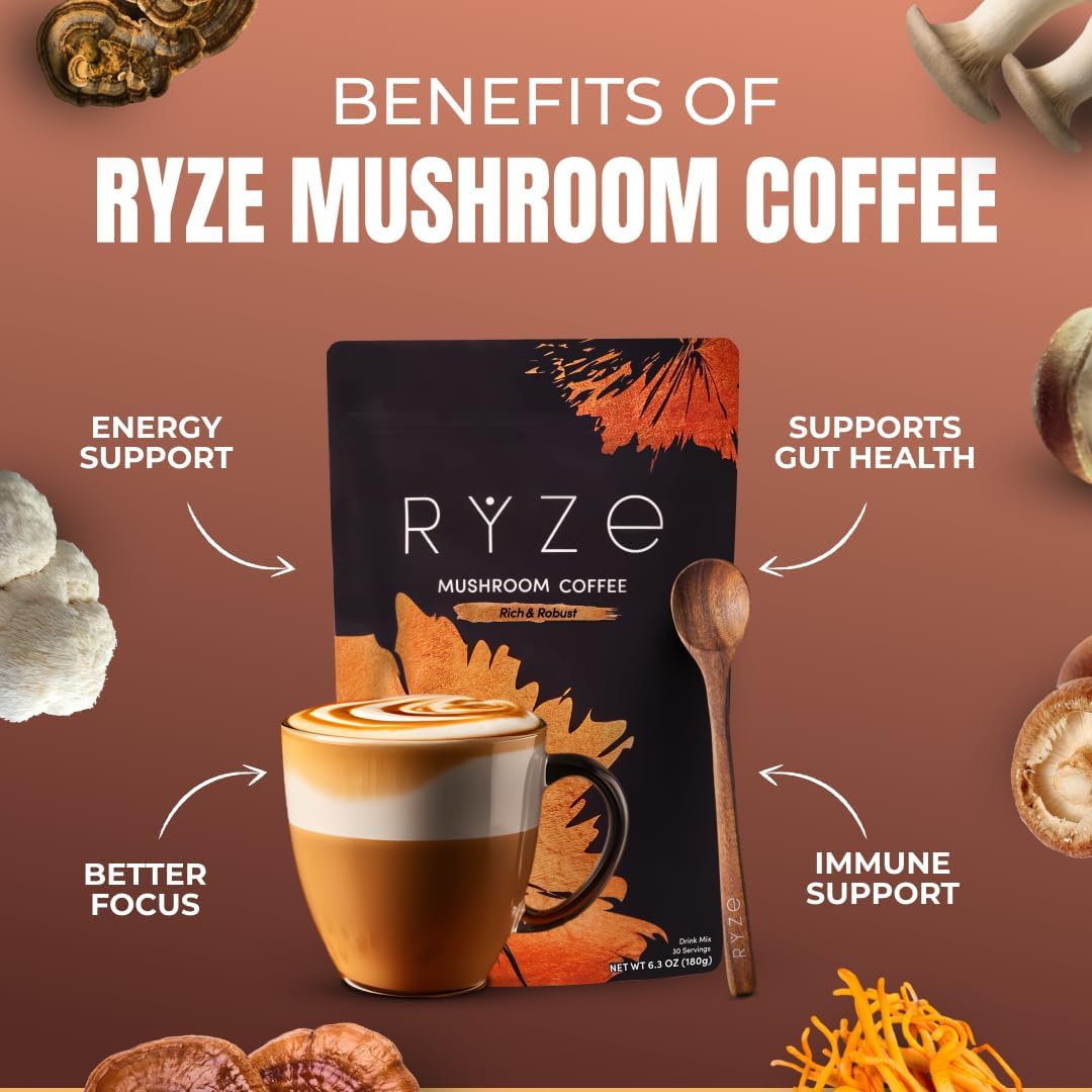 RYZE SUPERFOODS taza servida con espuma, sabor intenso y aspecto apetecible
