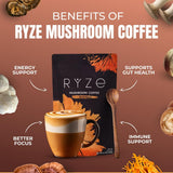 RYZE SUPERFOODS taza servida con espuma, sabor intenso y aspecto apetecible