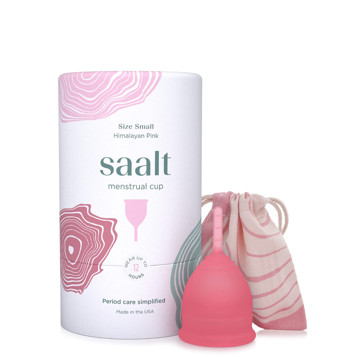 saalt copa frontal y empaque mostrando diseño y beneficio reutilizable