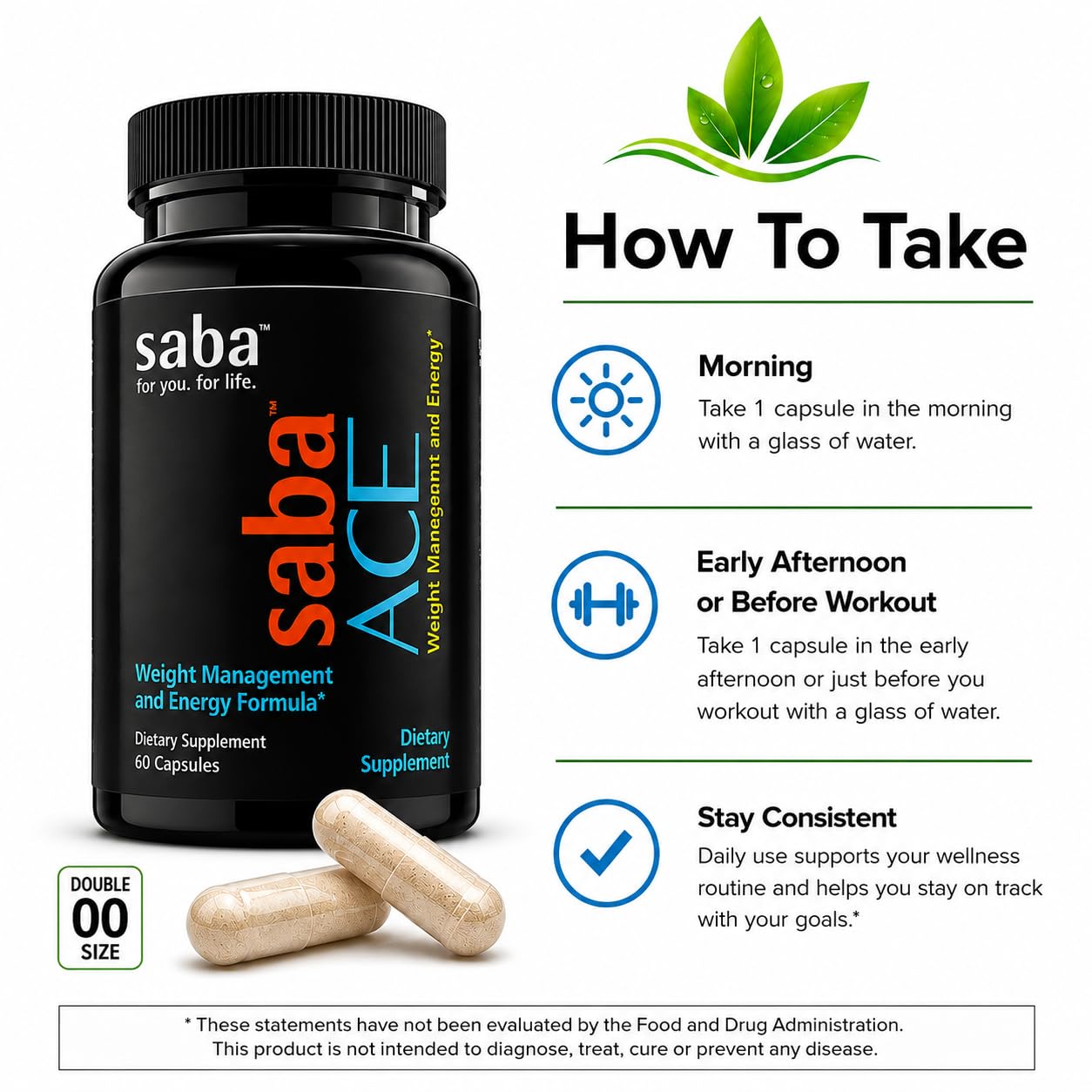 Saba ACE frasco abierto con cápsulas para visual de contenido