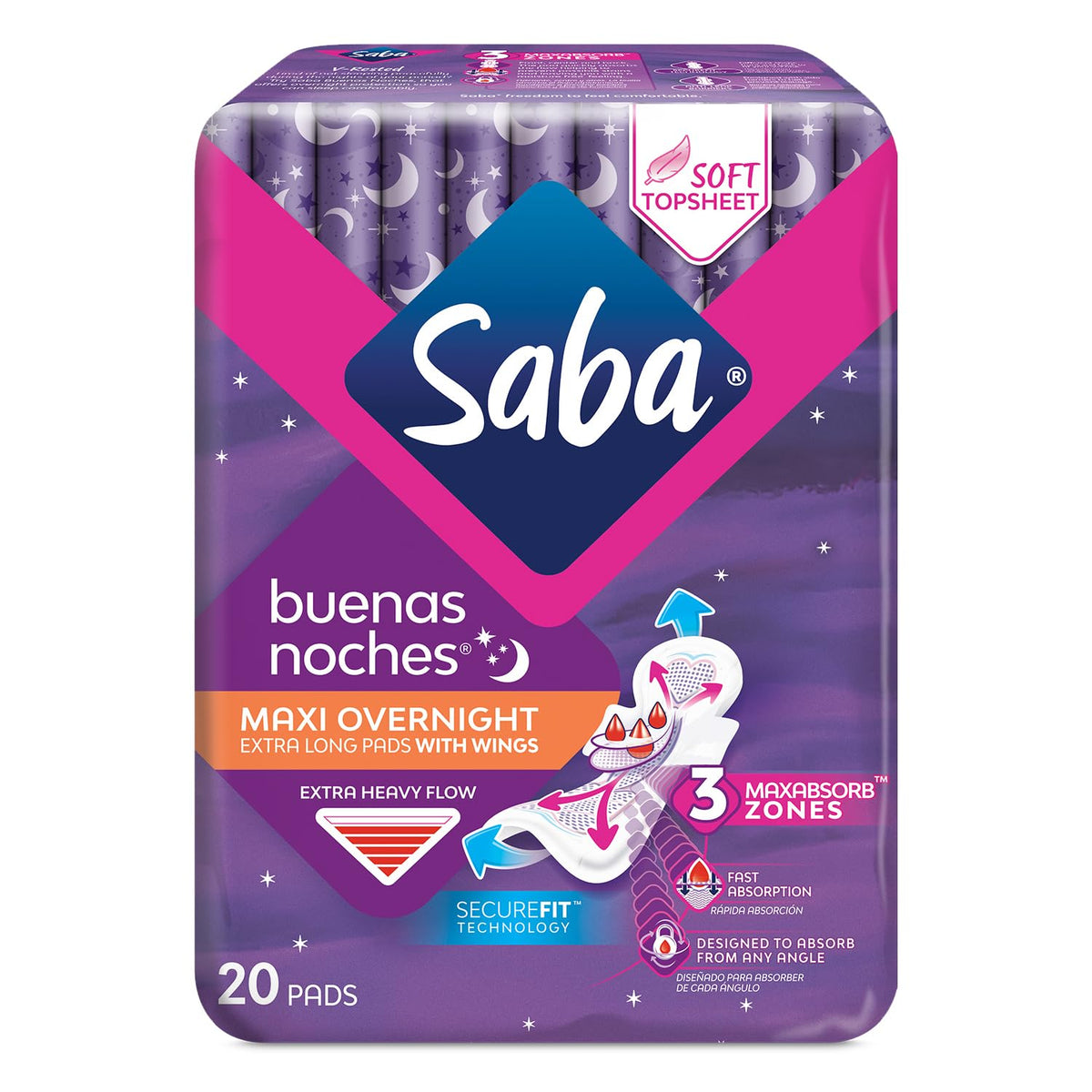 Saba empaque frontal Buenas Noches mostrando el diseño y cantidad de 120 unidades para tranquilidad