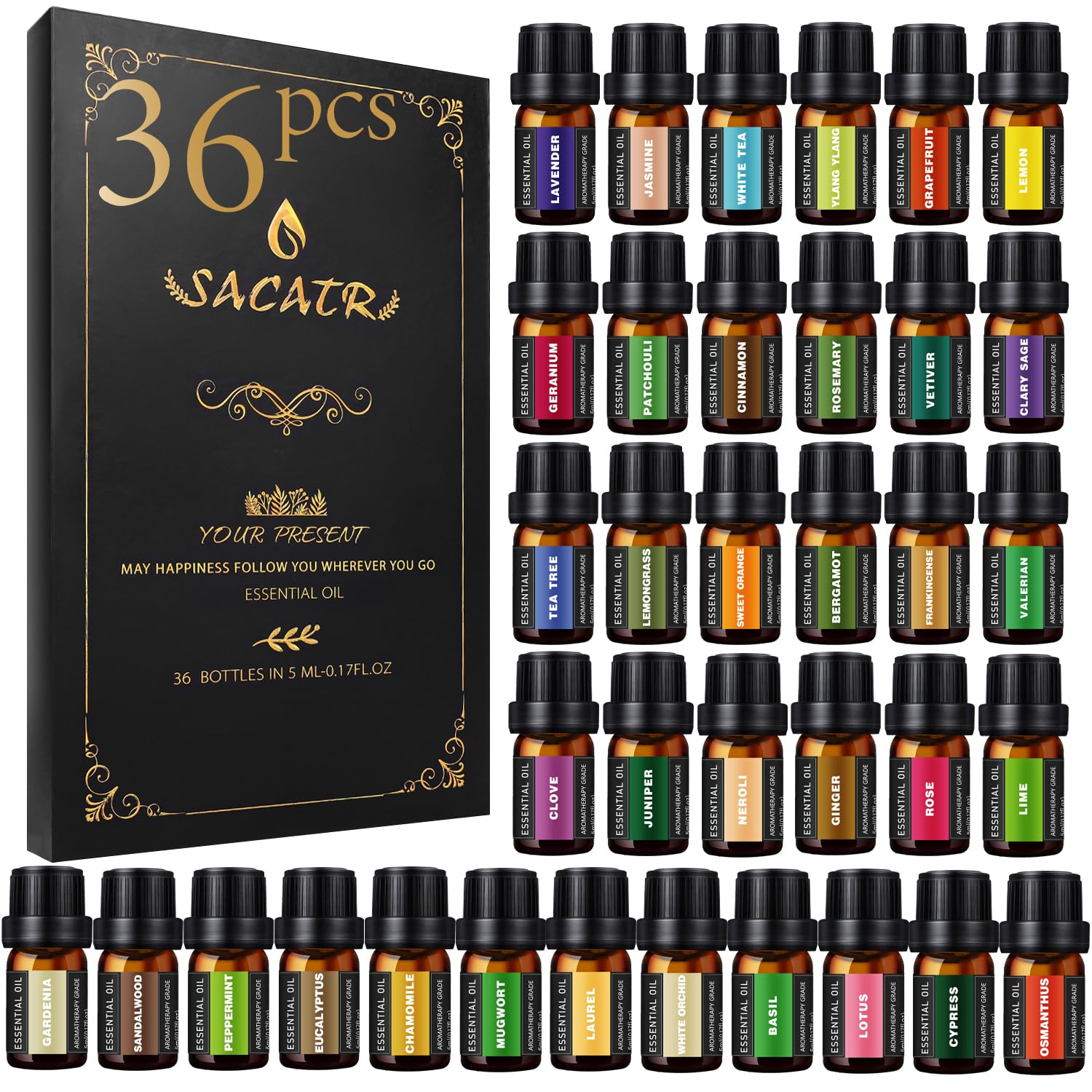 SACATR empaque frontal elegante y práctico mostrando 36 aceites