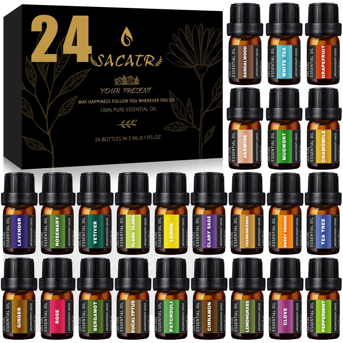 SACATR paquete frontal de 24 aceites esenciales, variedad para difusores y DIY