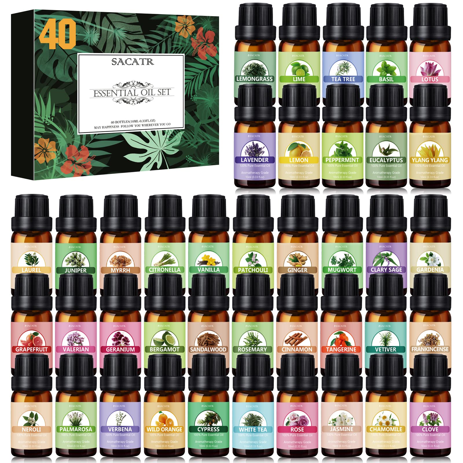 SACATR set frontal mostrando los 40 frascos ámbar y variedad aromática