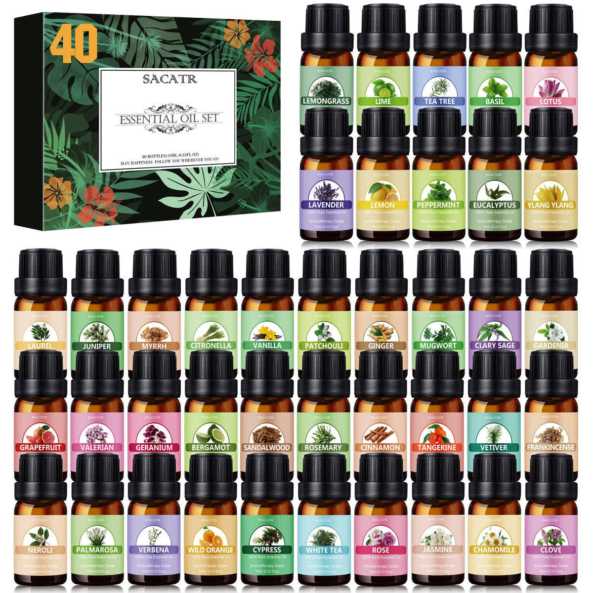 SACATR set frontal mostrando los 40 frascos ámbar y variedad aromática