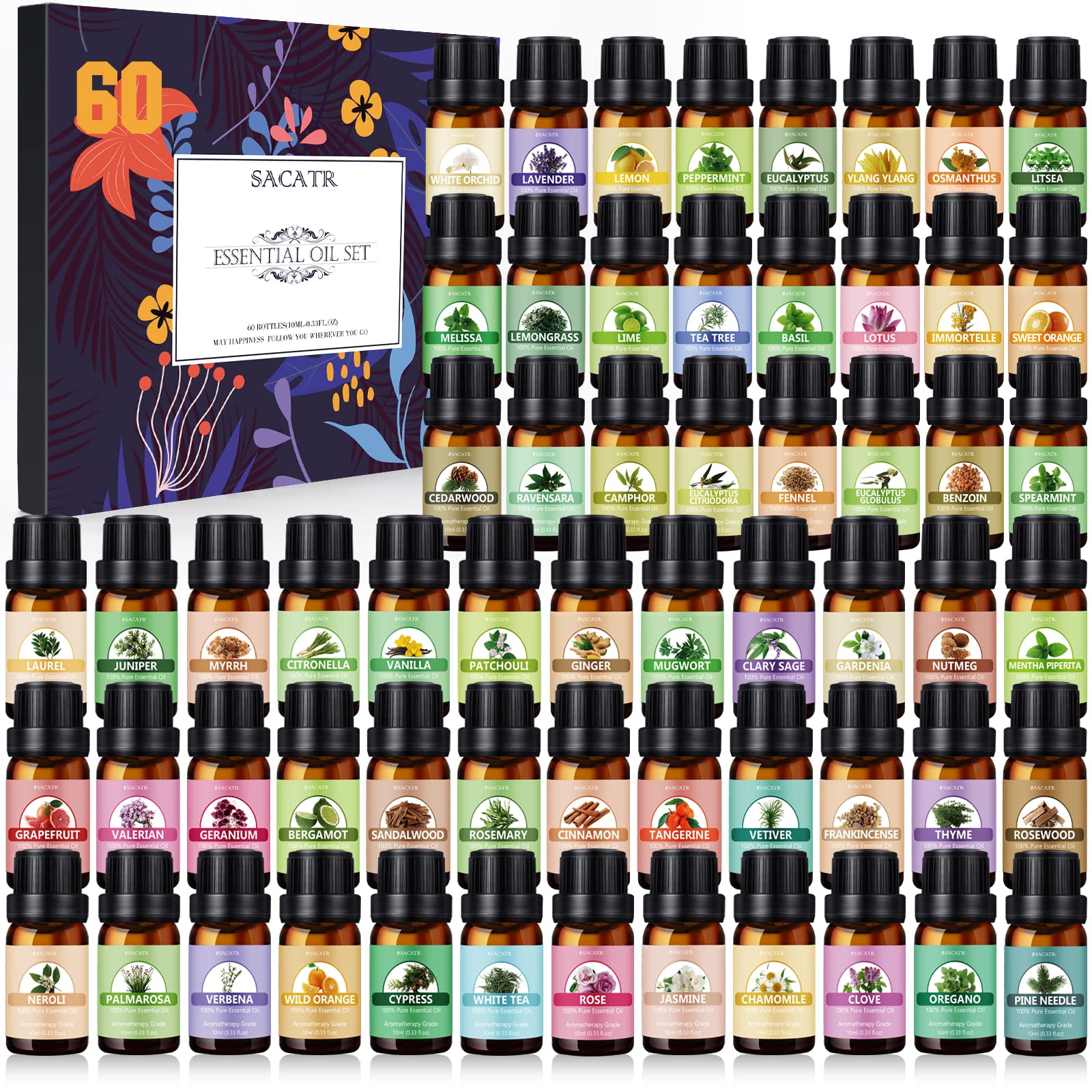 SACATR estuche frontal mostrando 60 frascos, variedad aromática práctica