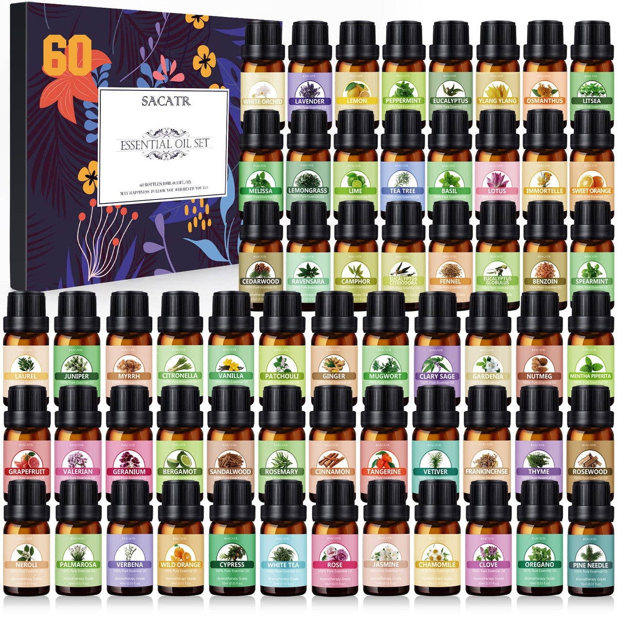 SACATR estuche frontal mostrando 60 frascos, variedad aromática práctica