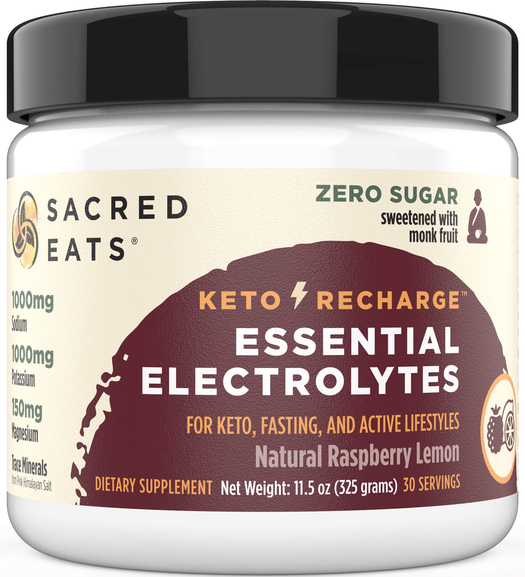 Sacred Eats frente del envase mostrando etiqueta y sabor frambuesa limón, claro beneficio informativo
