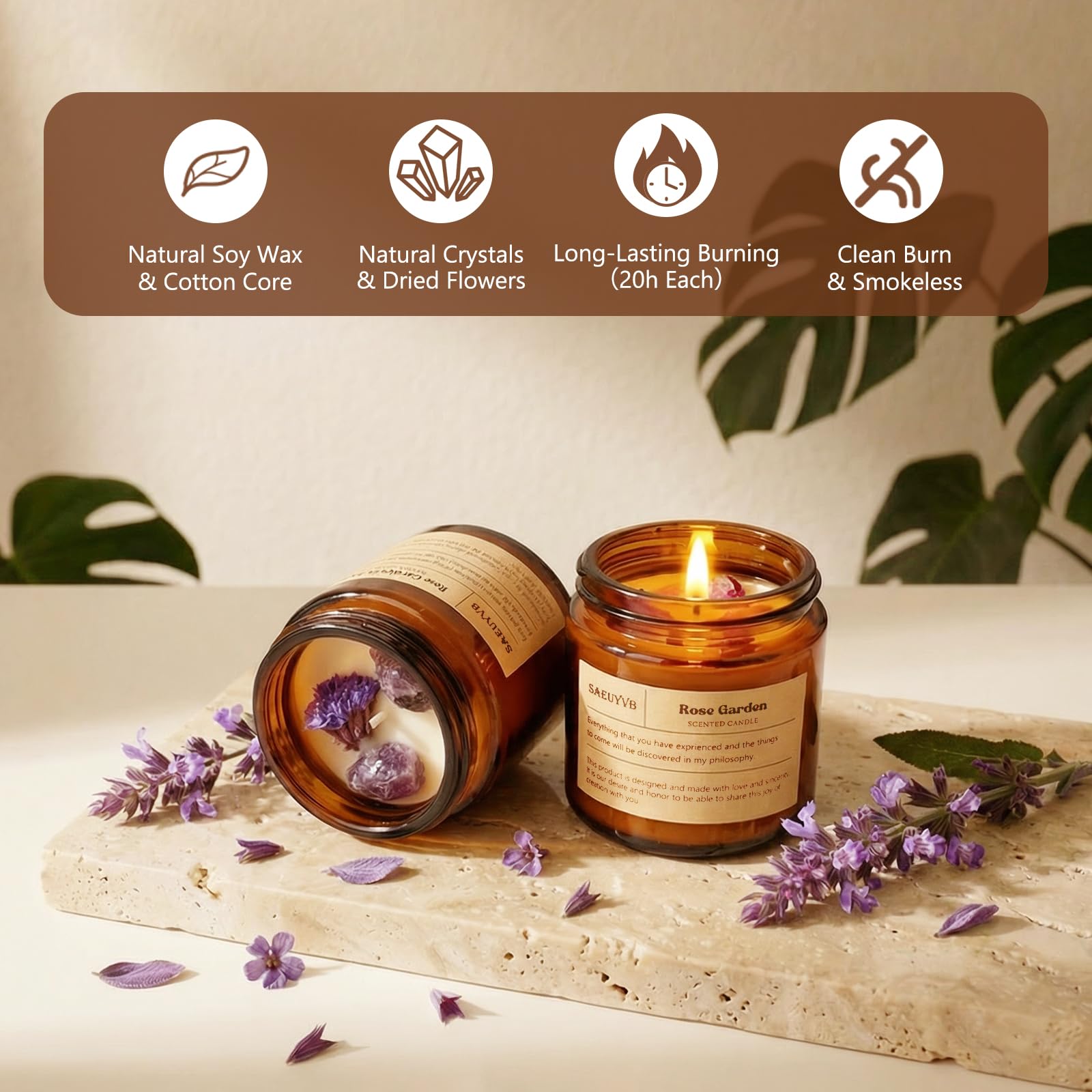 SAEUYVB primer plano de vela con cristal y flor seca mostrando detalle decorativo