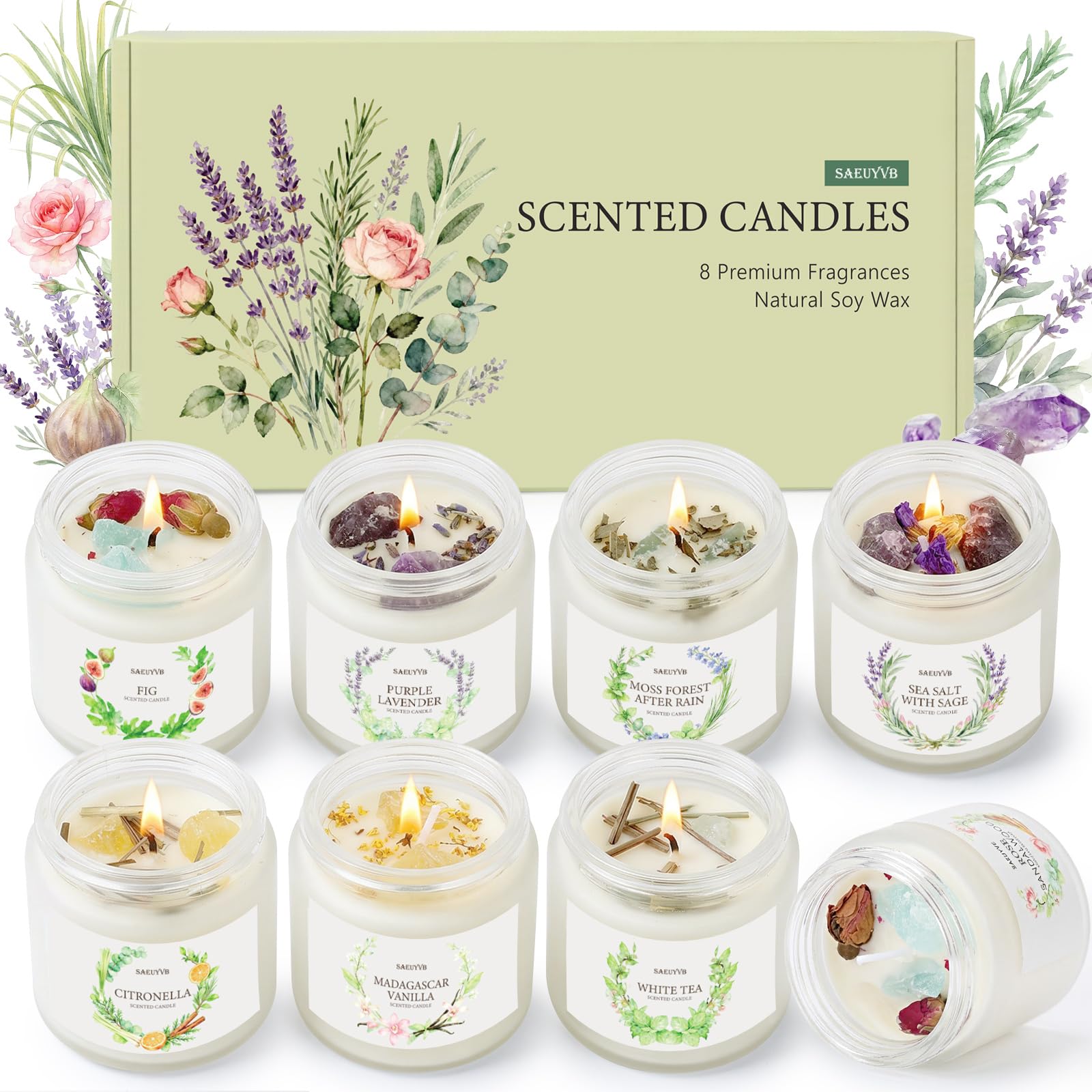 SAEUYVB set frontal de 8 velas mostrando frascos esmerilados y colores