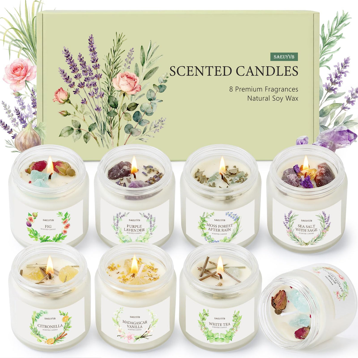 SAEUYVB set frontal de 8 velas mostrando frascos esmerilados y colores