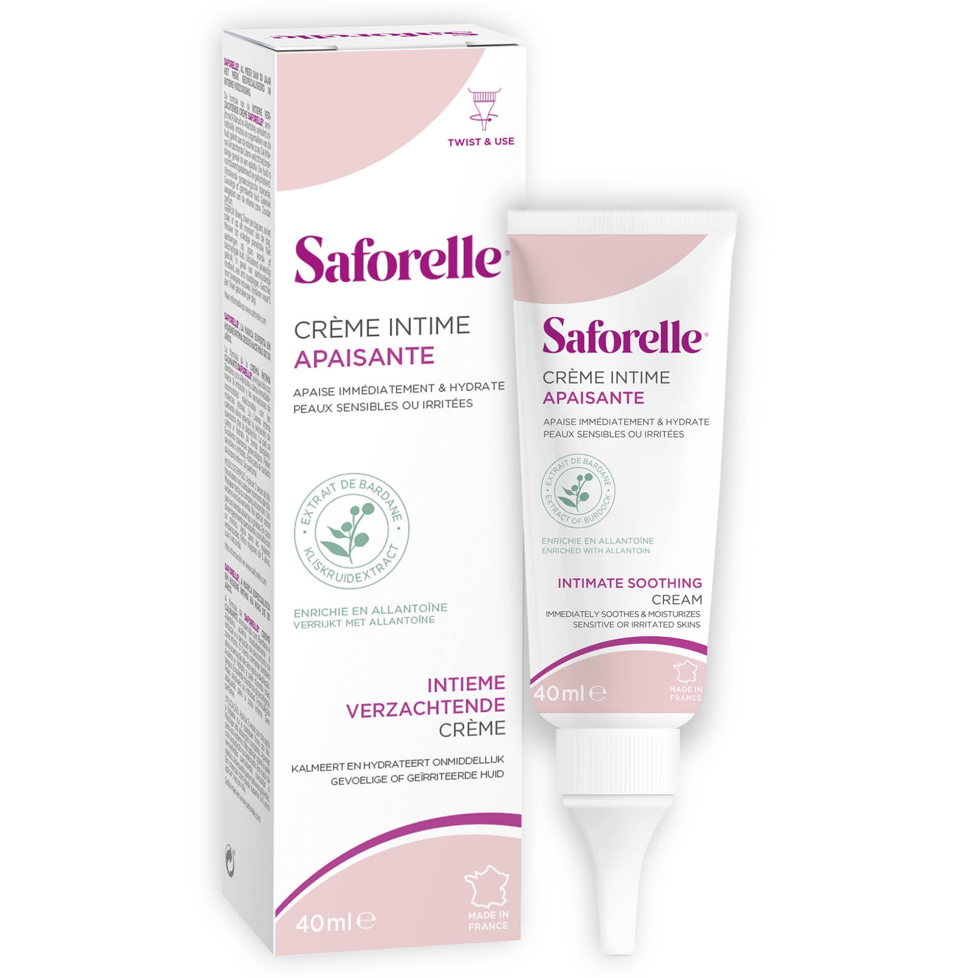Saforelle frente del empaque mostrando el tubo y beneficio calmante