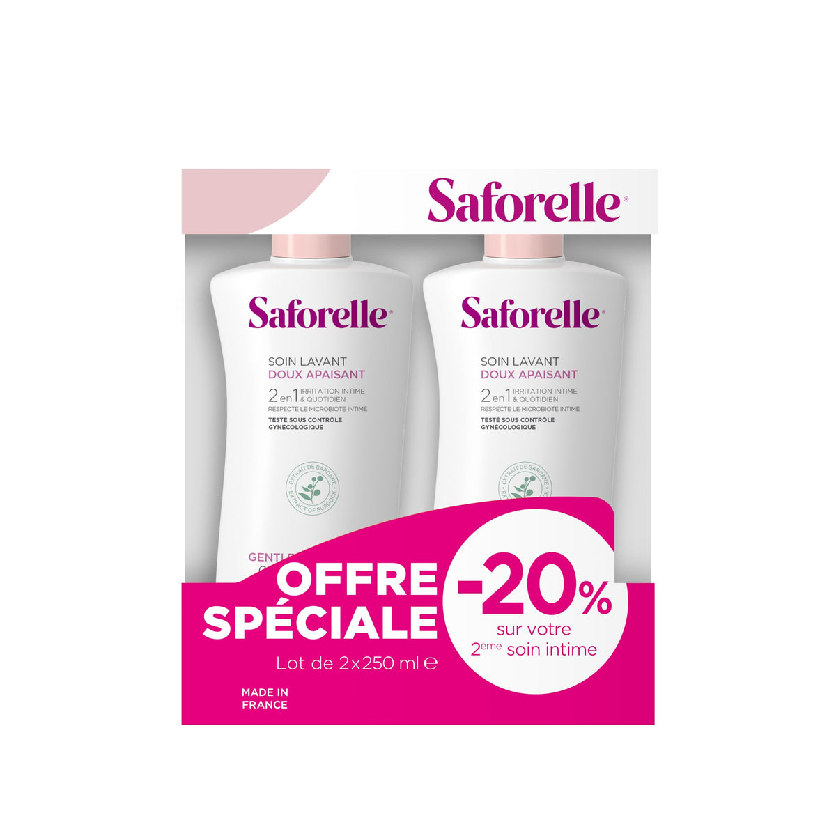 Saforelle pack frontal 2x250ml mostrando envases y beneficio calma piel