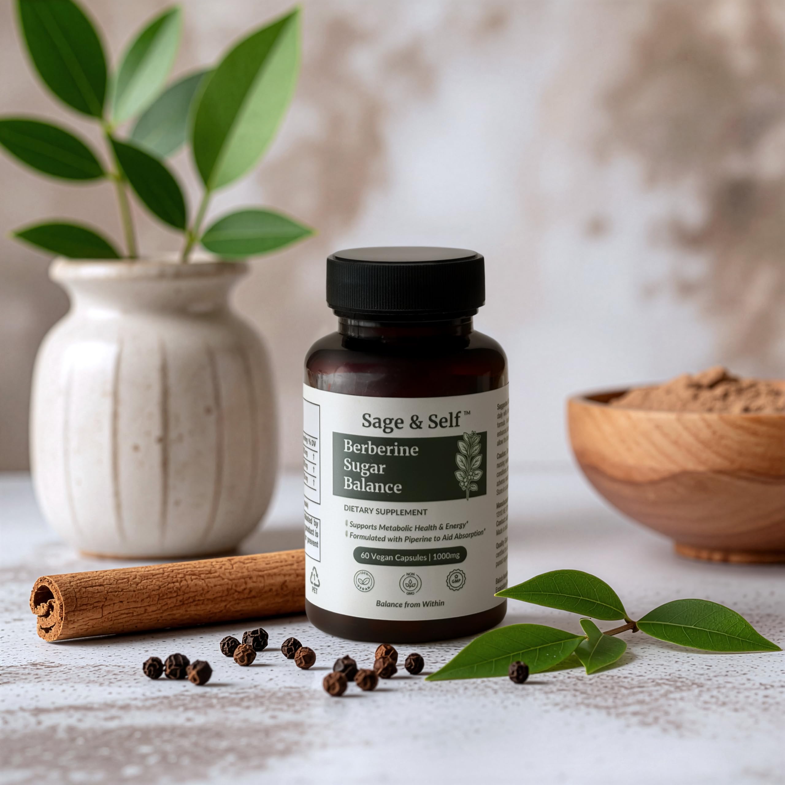 Sage & Self detalle de etiqueta con ingredientes y garantía cGMP