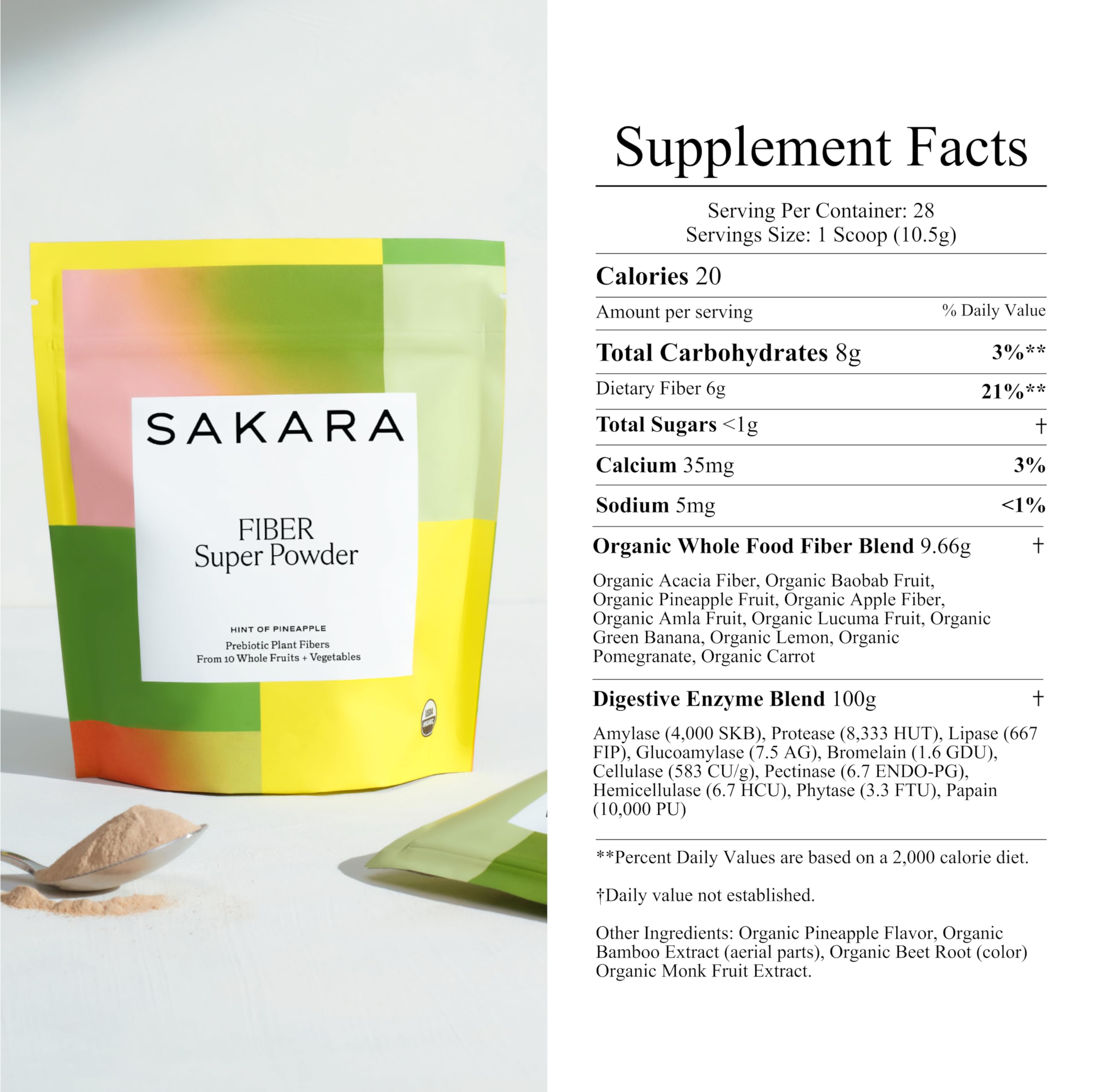 SAKARA etiqueta nutricional destacando ingredientes y enzimas
