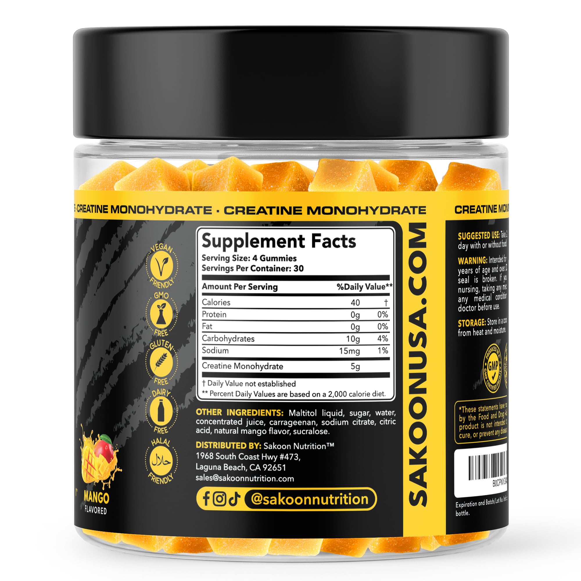 Sakoon nutrition ilustración de mango junto a gomitas, sabor tropical atractivo