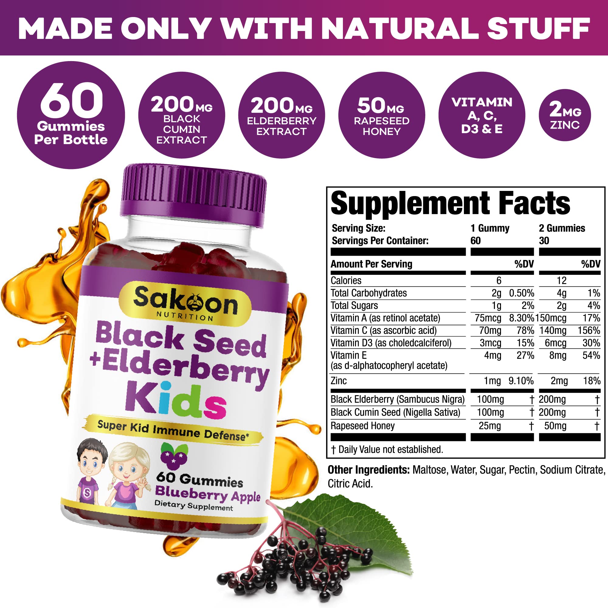 Sakoon nutrition etiqueta cercana con información de vitaminas