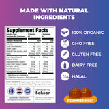 Etiqueta Sakoon con lista de ingredientes, timoquinona y certificación Halal
