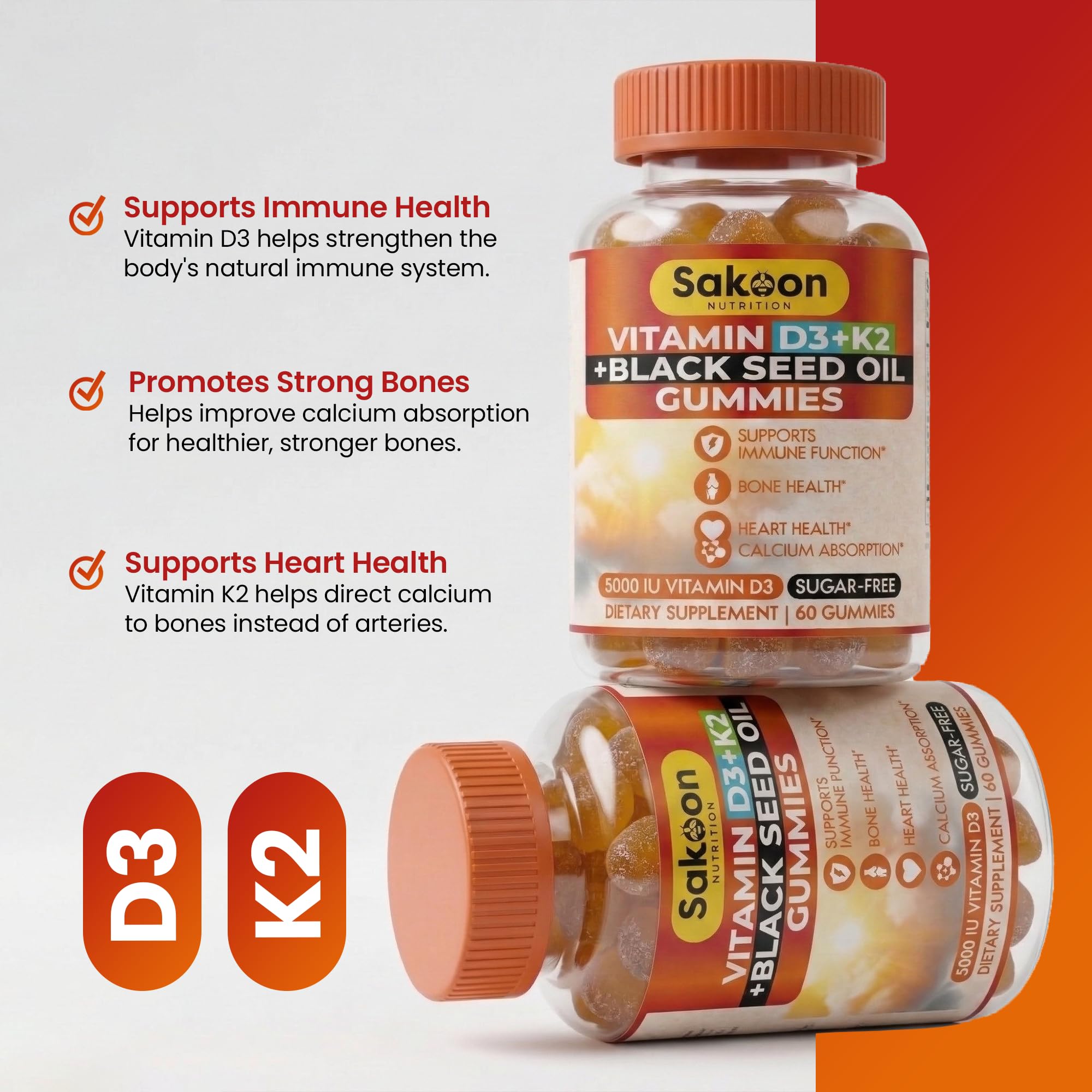 Gomitas Sakoon Nutrition sobre encimera junto a frutas, sugiere uso cotidiano saludable