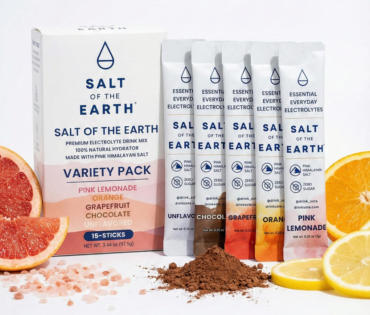 Salt of the Earth vista frontal del empaque, muestra variedad de sabores y portabilidad