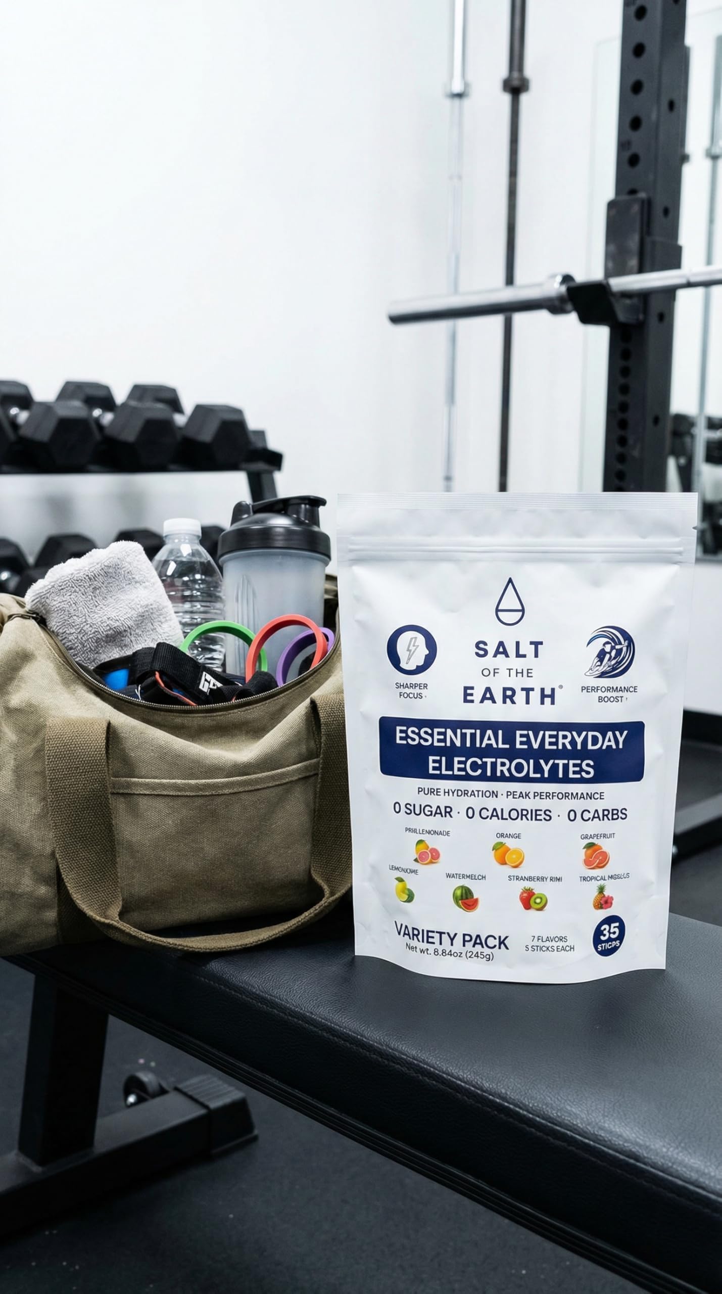 Salt of the Earth sobres en una bolsa de viaje, ideal para itinerarios y maletas