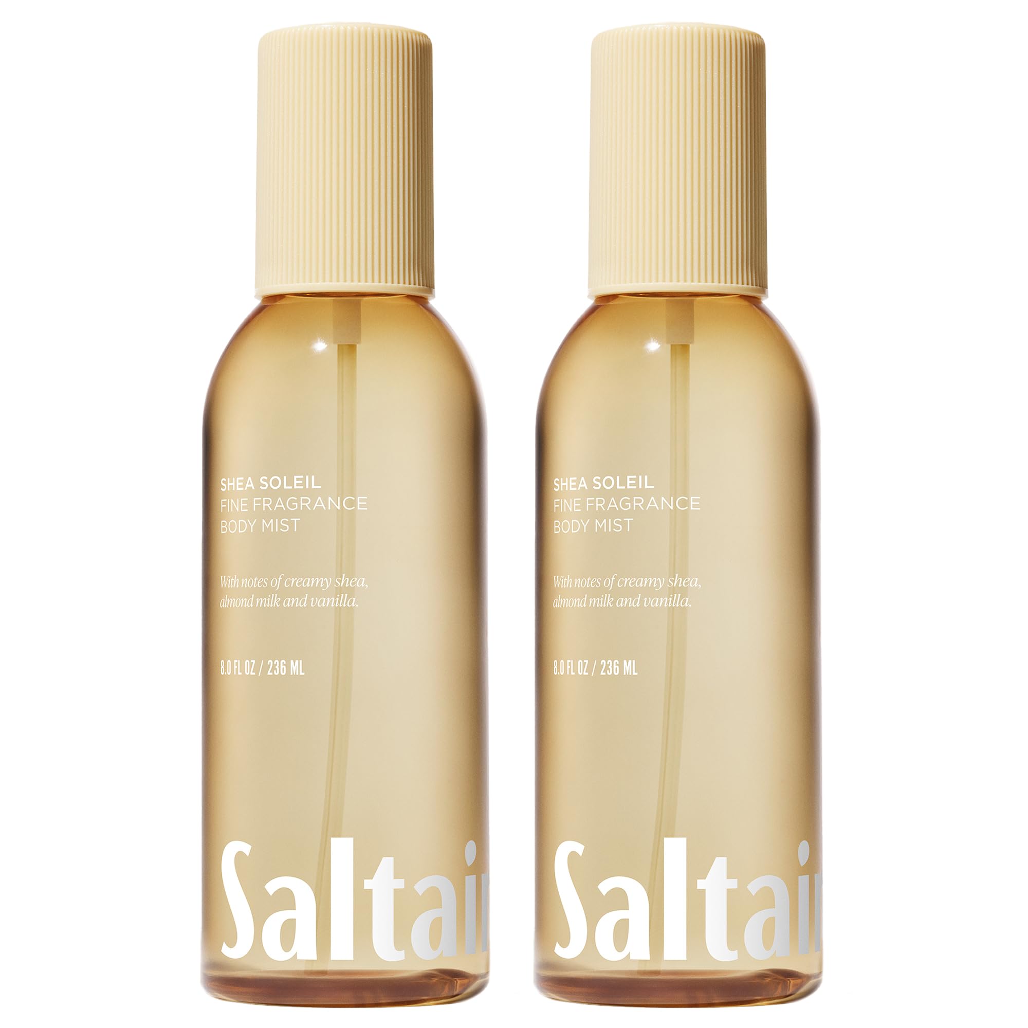 Saltair pack frontal Shea Soleil mostrando las dos botellas y beneficio de fragancia duradera