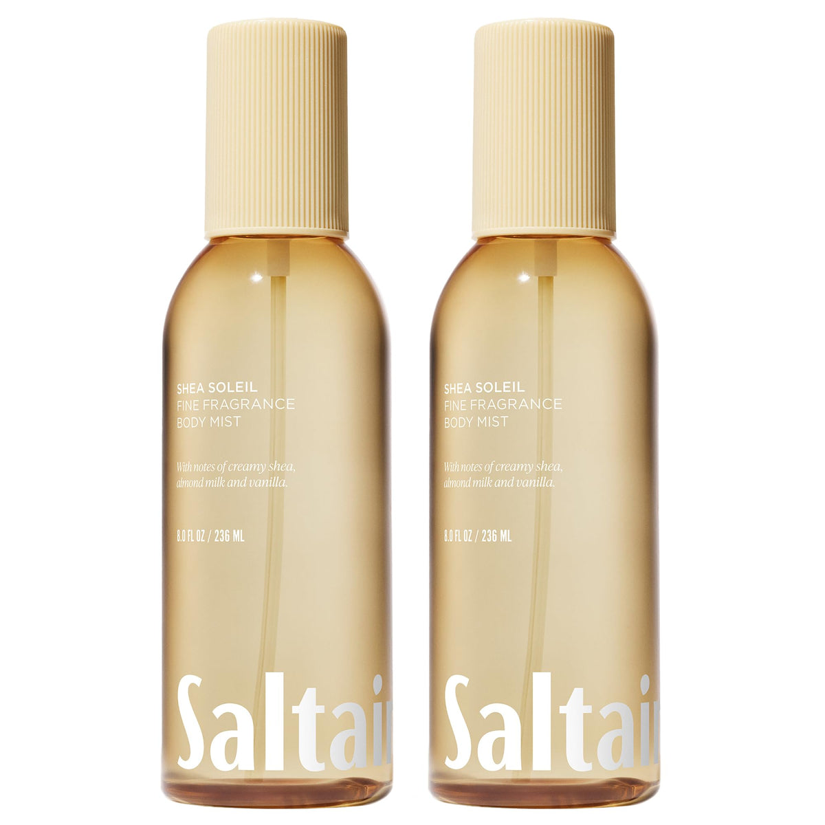 Saltair pack frontal Shea Soleil mostrando las dos botellas y beneficio de fragancia duradera