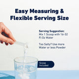 Saltivate polvo disuelto en agua clara, beneficio: hidratación efectiva sin sabor