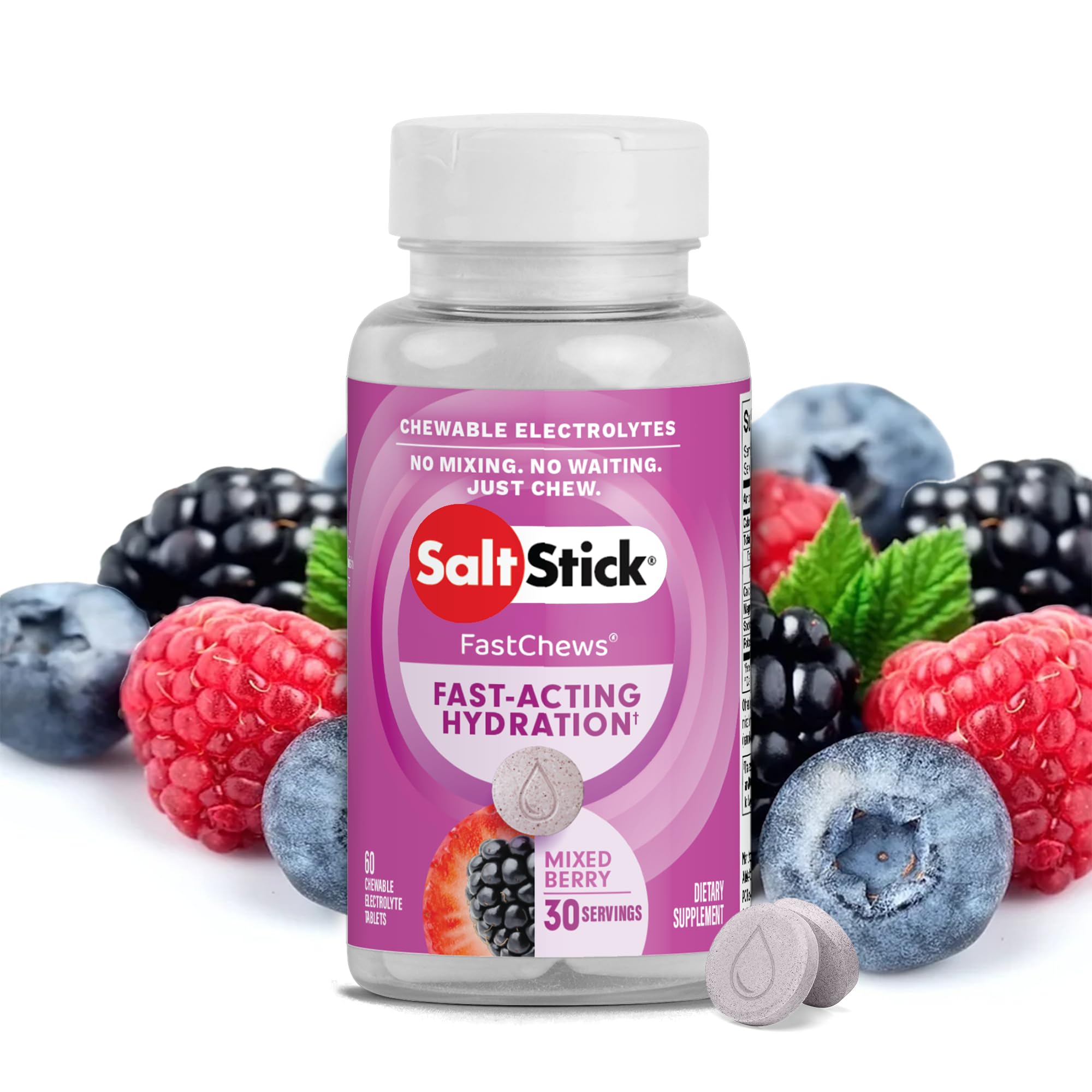 SaltStick empaque frontal mostrando 60 tabletas y beneficios rápidos