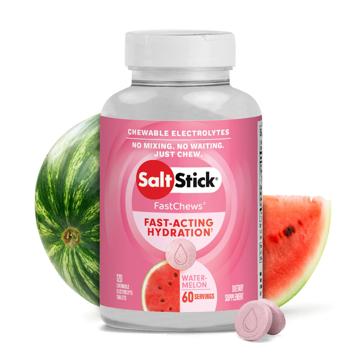 SaltStick empaque frontal mostrando 120 tabletas, conveniencia portátil