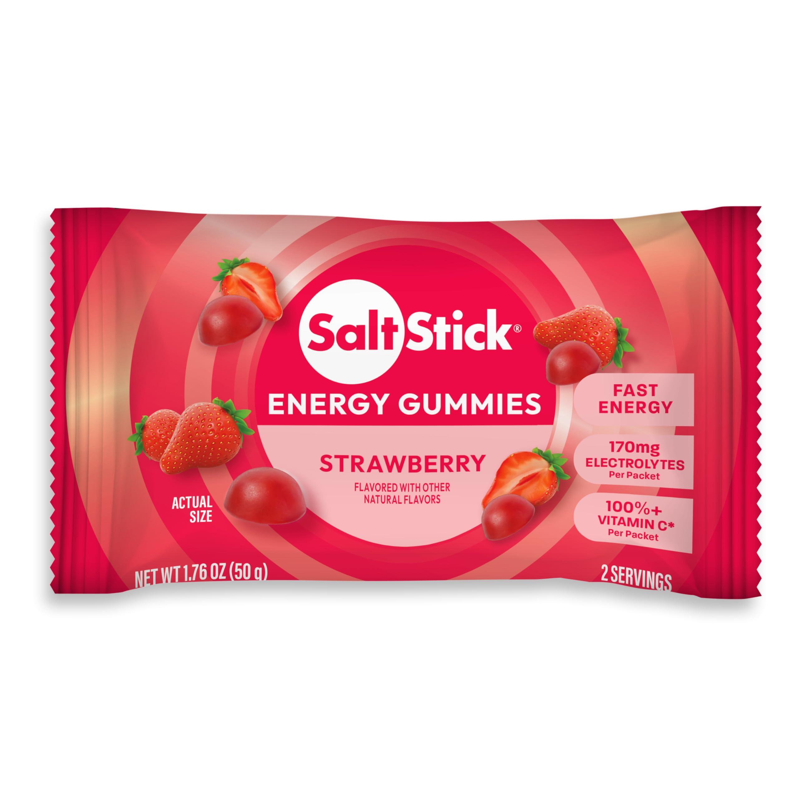 SaltStick paquete frontal de Energy Gummies fresa mostrando sobres portátiles y beneficios