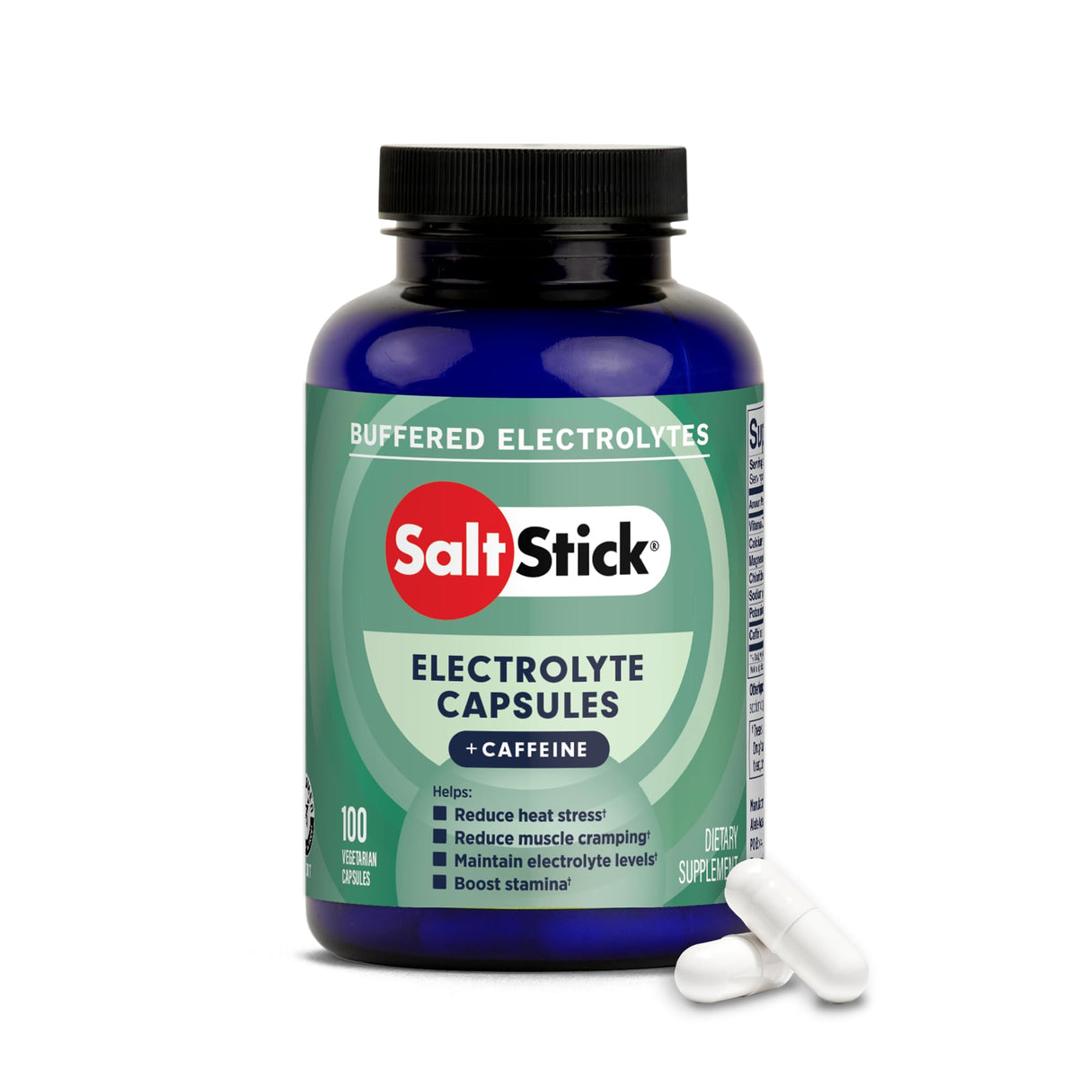 SaltStick envase frontal mostrando 100 cápsulas y beneficios rápidos