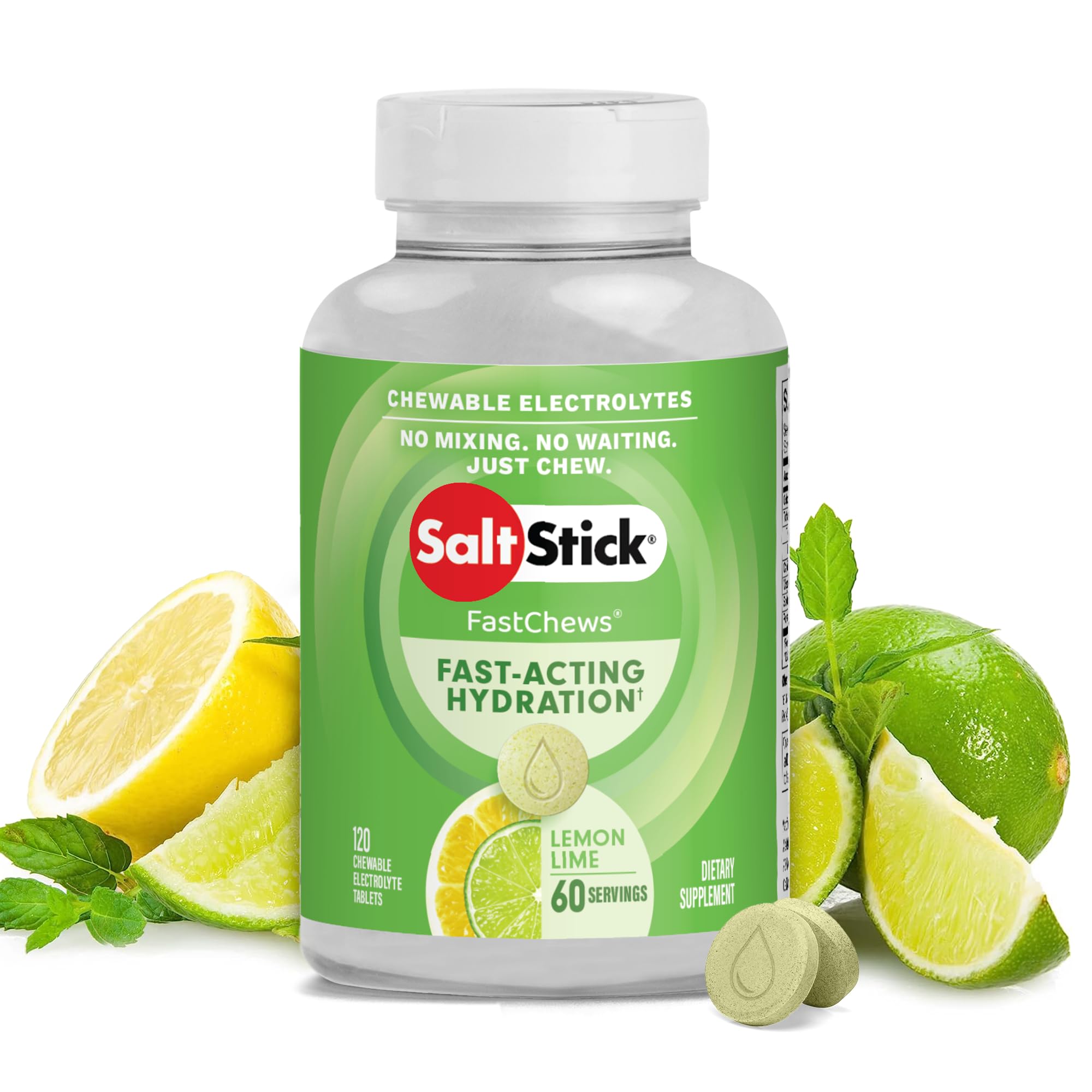SaltStick frasco frontal mostrando etiqueta y beneficio portátil
