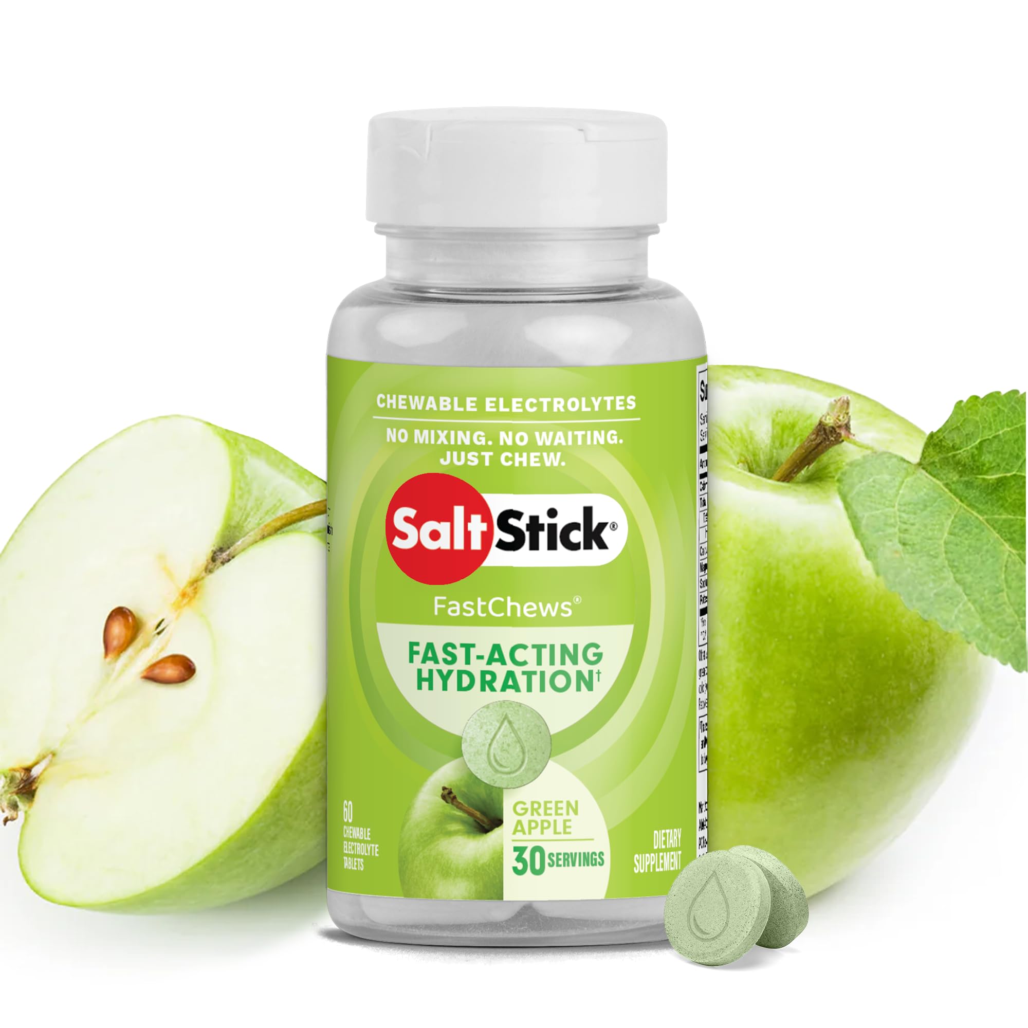 SaltStick envase frontal mostrando 60 tabletas, práctico y portátil