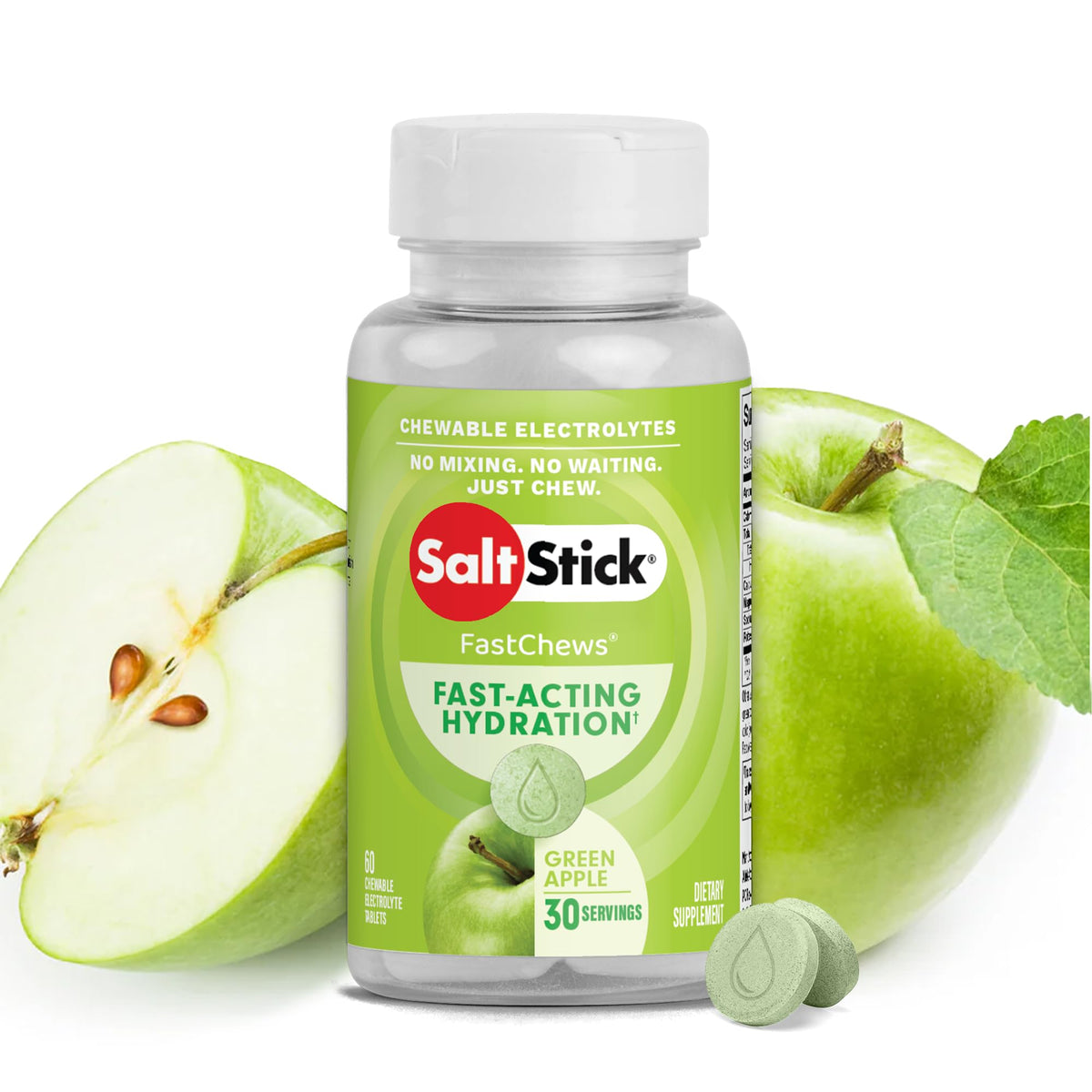 SaltStick envase frontal mostrando 60 tabletas, práctico y portátil