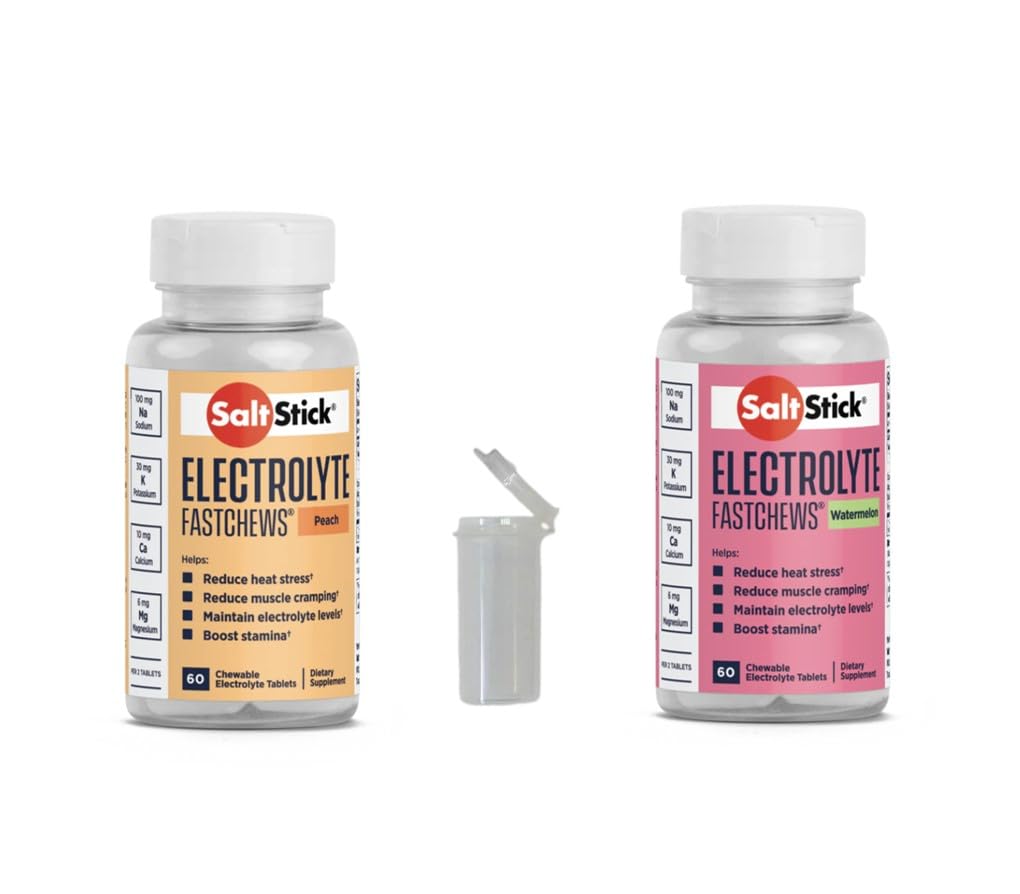 SaltStick frasco frontal con comprimidos durazno y sandía para reposición rápida