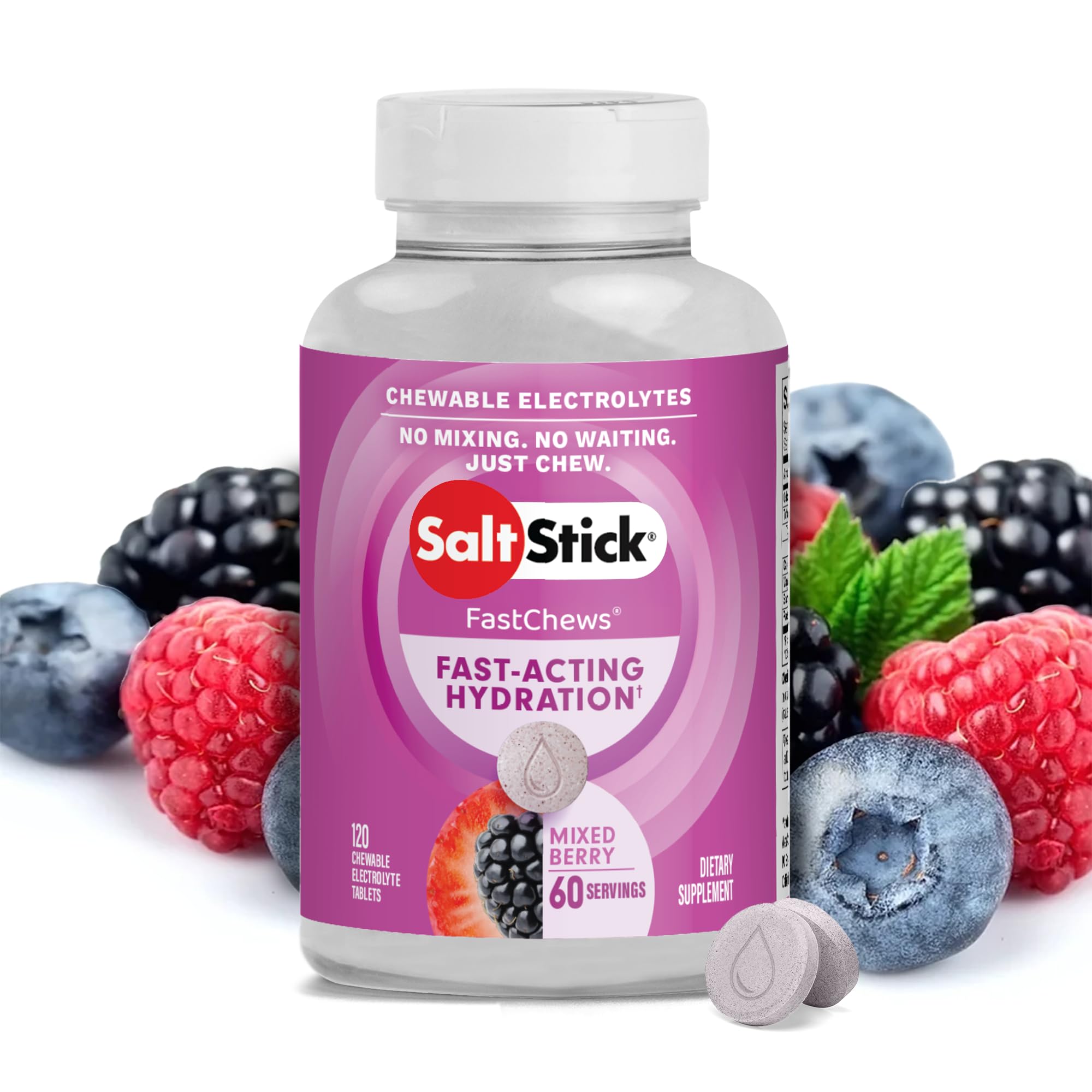 SaltStick envase frontal mostrando 120 tabletas masticables y práctico beneficio portátil