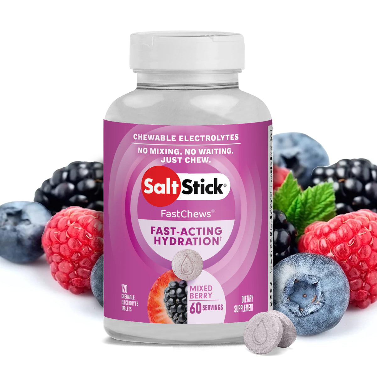 SaltStick envase frontal mostrando 120 tabletas masticables y práctico beneficio portátil