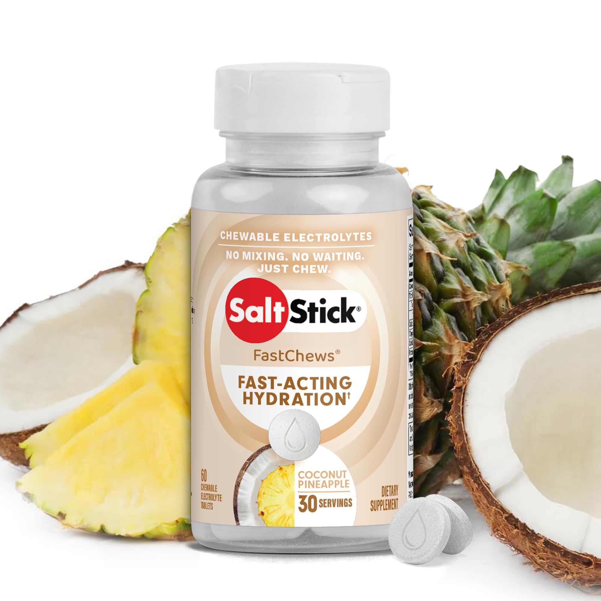 SaltStick frasco frontal coco-piña mostrando diseño y practicidad
