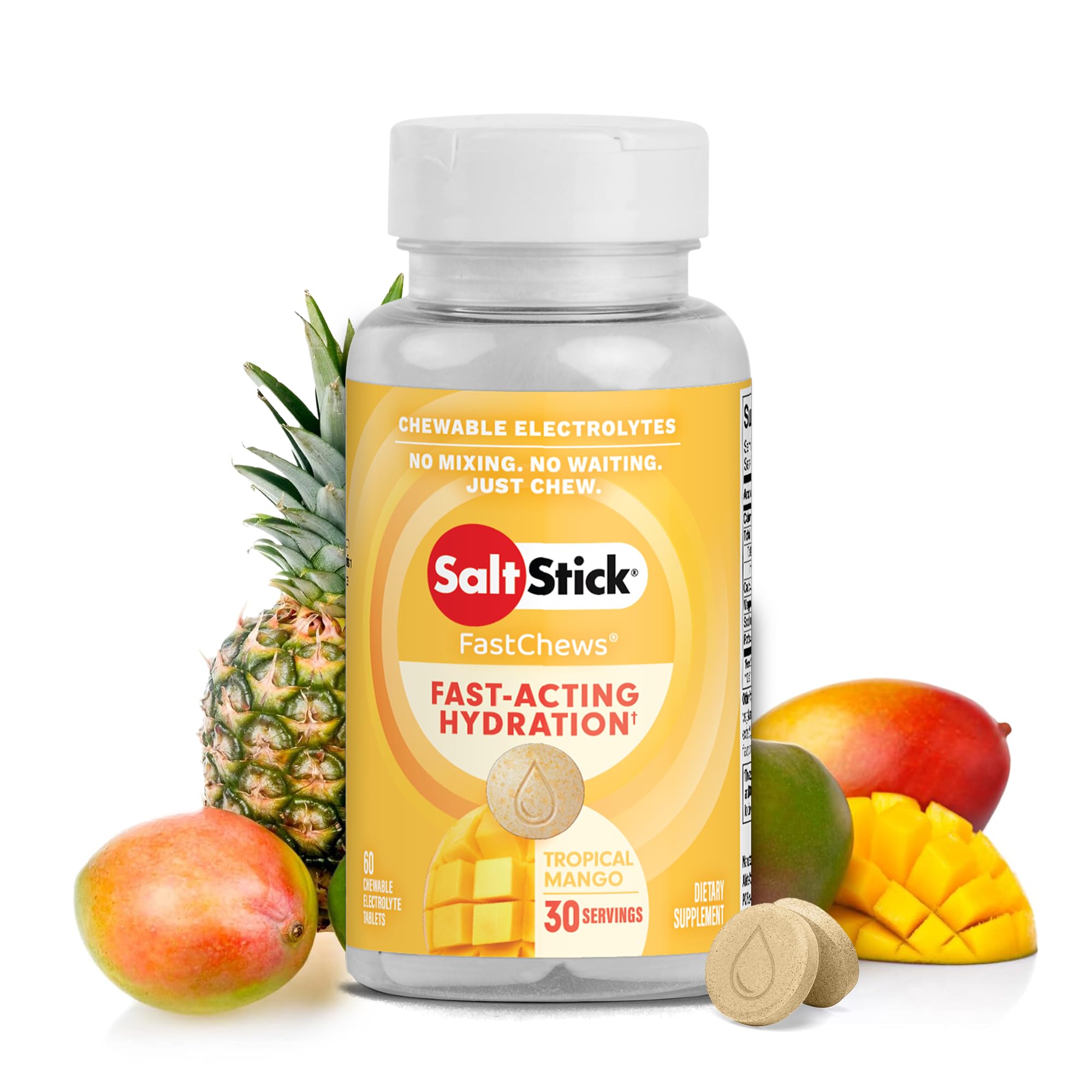 SaltStick frasco frontal FastChews mango mostrando diseño y beneficio portable